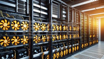A well-maintained cryptocurrency mining farm with numerous mining rigs.